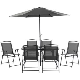 Outsunny 8 Piece Patio Dining Set with Table Umbrella, 6 Folding Chairs and Rectangle Dining Table, Outdoor Patio Furniture Set, Black