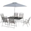 Outsunny 8 Piece Patio Dining Set with Table Umbrella, 6 Folding Chairs and Rectangle Dining Table, Outdoor Patio Furniture Set, Gray
