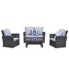4-Pieces PE Rattan Wicker Outdoor Patio Furniture Set with Grey Cushions